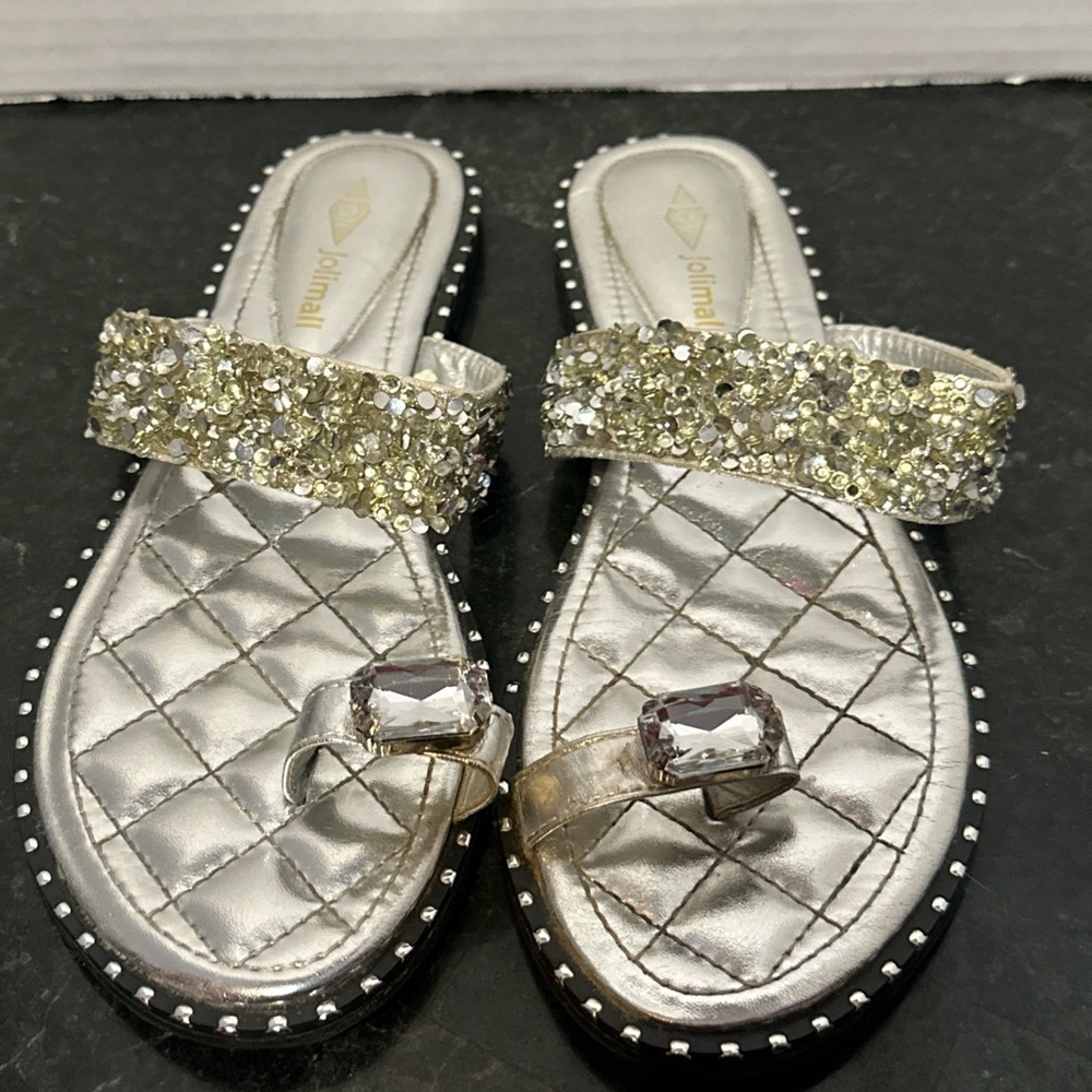 Joli Jolimall Bronze Silver Glitter Sandals Jewel Band Rhinestone Toe Studded 8